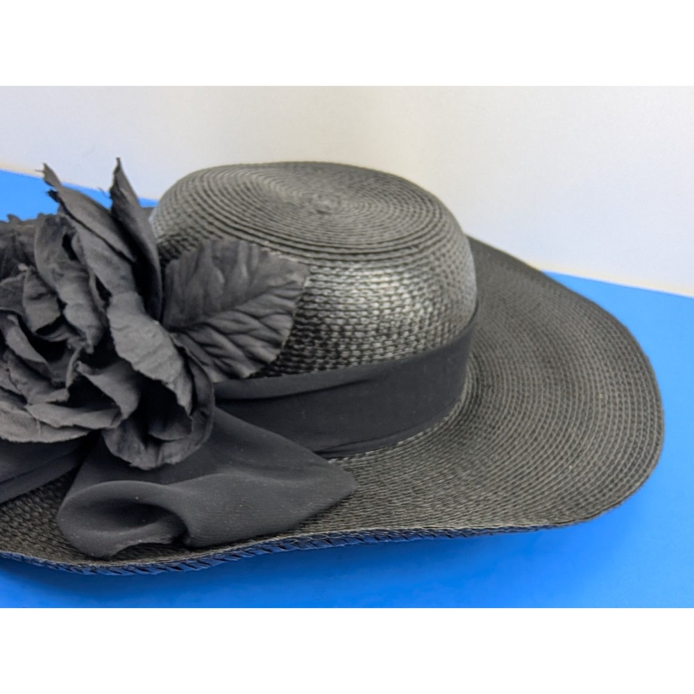 Vintage Black Floral Straw Women's Wide Brim Hat - Picture 3 of 7